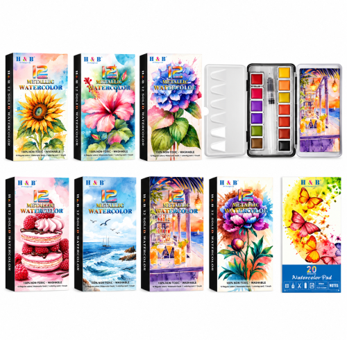 12 Color Watercolor Paint Set in Tin Box with Water Brush and Notepad