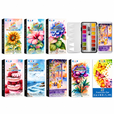 12 Color Watercolor Paint Set in Tin Box with Water Brush and Notepad