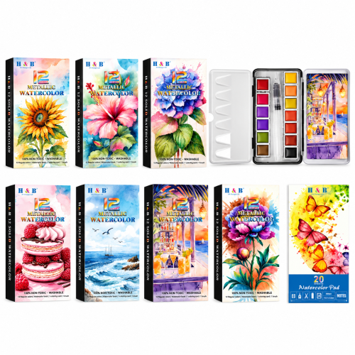 12 Color Watercolor Paint Set in Tin Box with Water Brush and Notepad