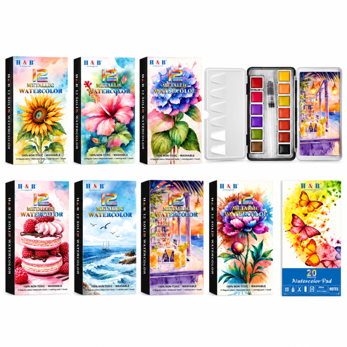 12 Color Watercolor Paint Set in Tin Box with Water Brush and Notepad