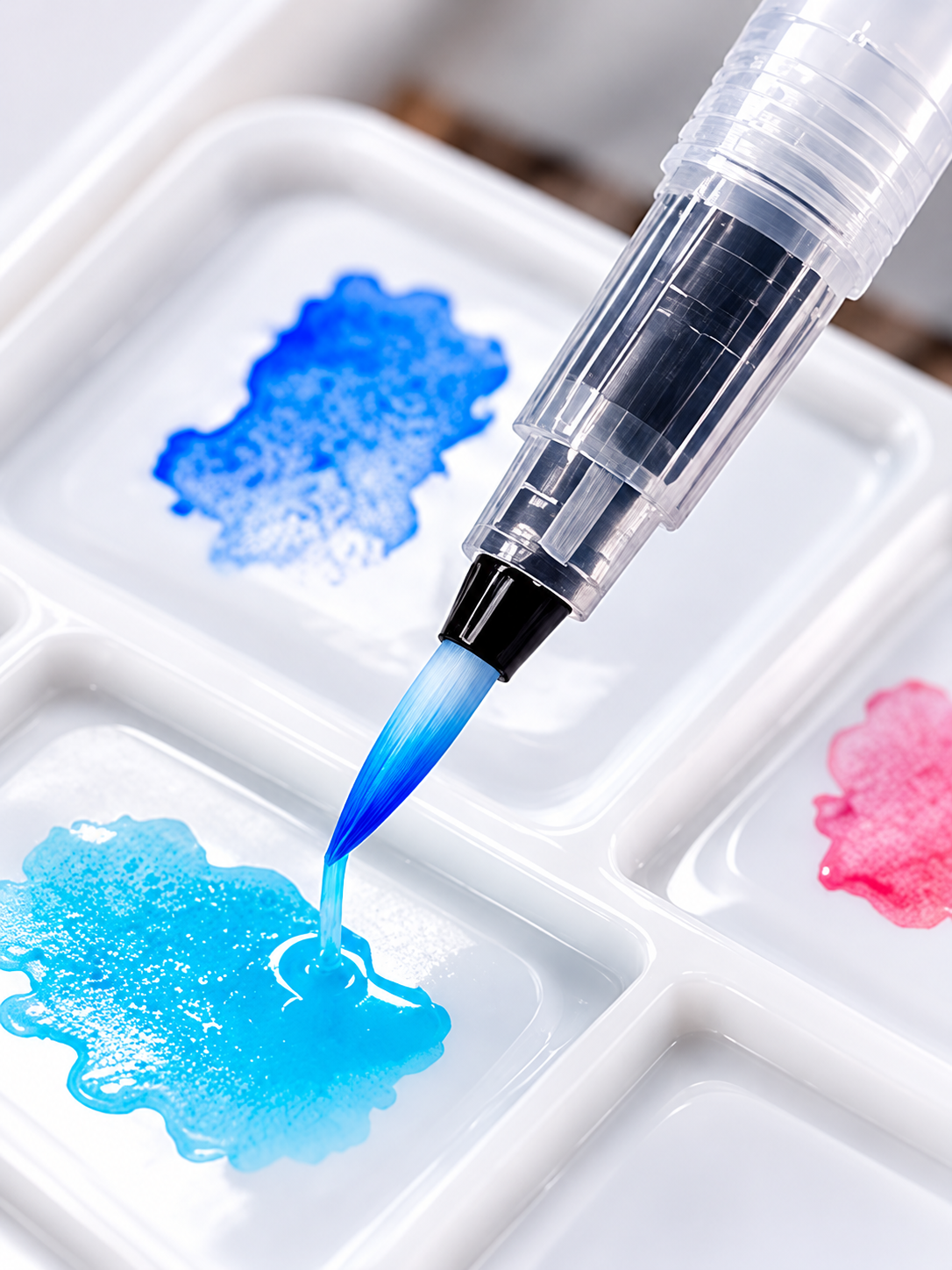 Water brush applying watercolor pigment