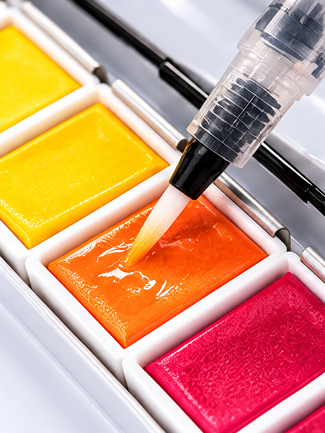 Close view of regular watercolor pans and paint application