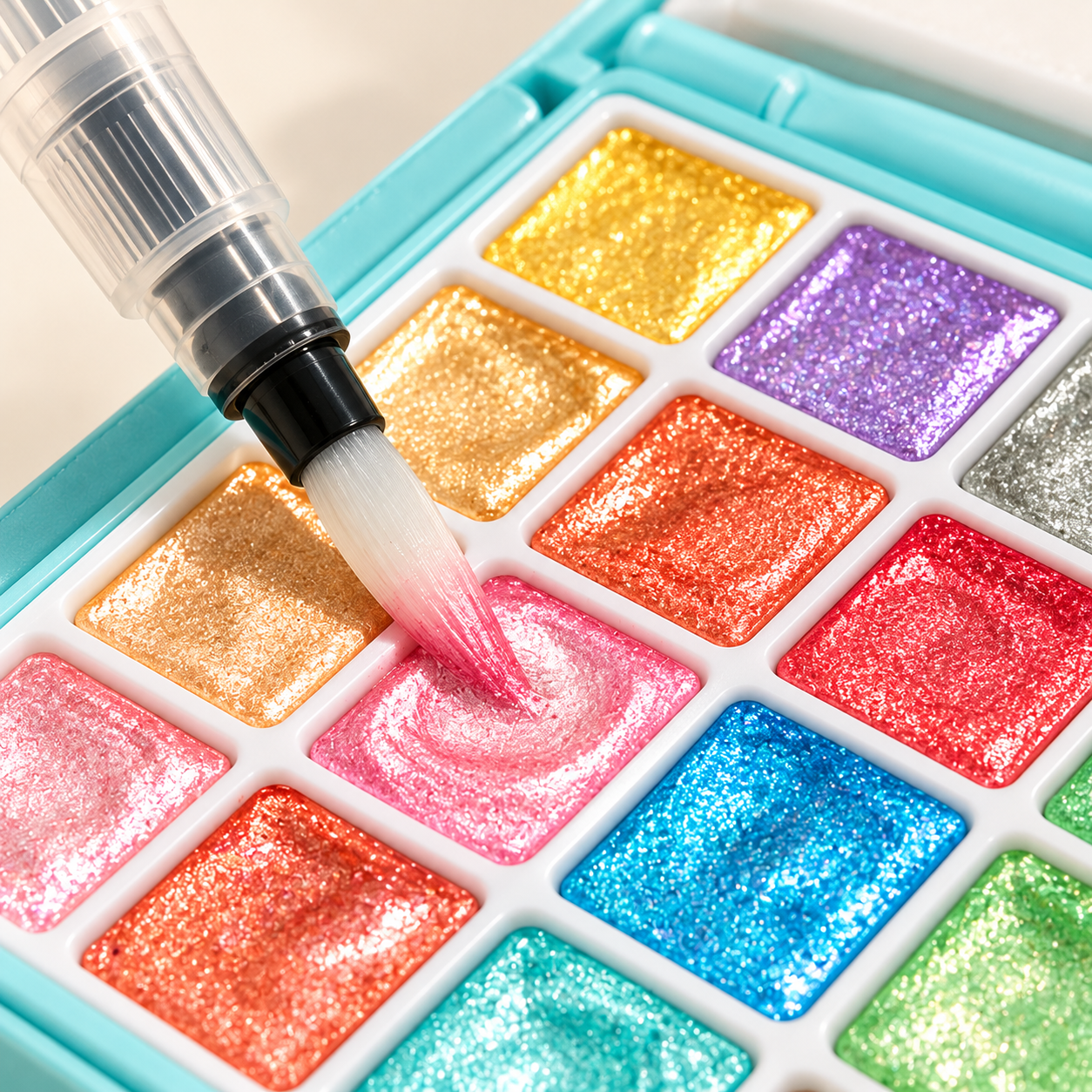 24-pan watercolor set in use with a water brush