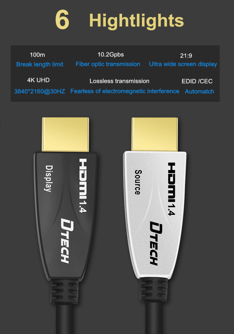 Dtech 24K Gold Plating HDMI Fiber Cable 100m