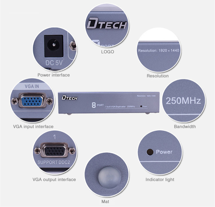 Port VGA Splitter 1 hingga 8 (250MHz)