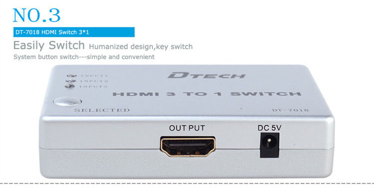 DTECH DT-7018 1080P@60HZ HDMI Switch 3 to 1 with IR