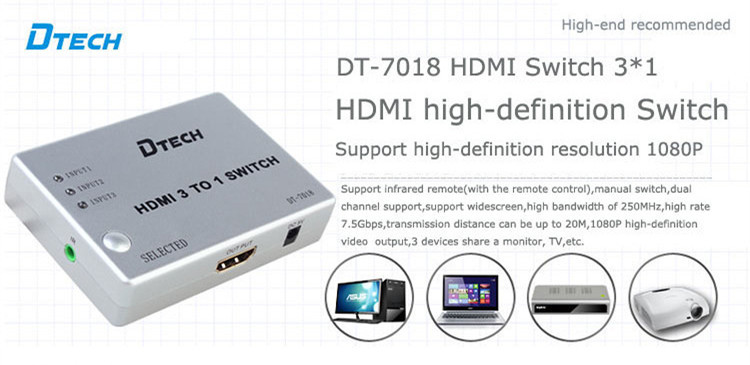 DTECH DT-7018 1080P@60HZ HDMI Switch 3 to 1 with IR