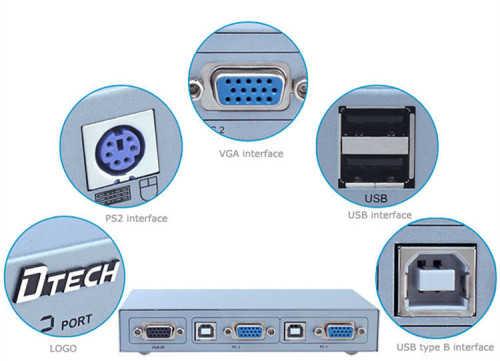 DTECH DT-8021 Semi-automatic KVM switcher 2 * 1