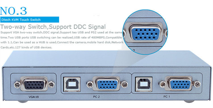 DTECH DT-8021 Semi-automatic KVM switcher 2 * 1
