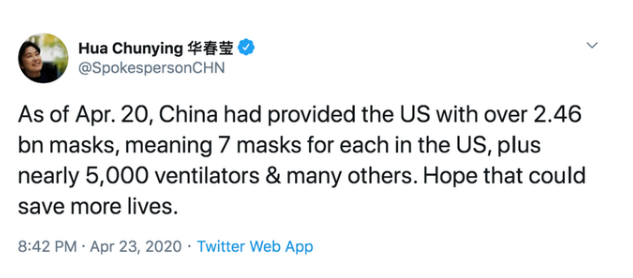 China telah menyediakan 2,4 miliar masker ke Amerika Serikat, dan Angkatan Udara telah mendesak mengirimkan kit ke tiga negara