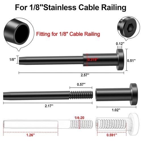 1/8" Black Cable Railing Stud Connector | 304 Stainless Steel Swage Stud Fitting