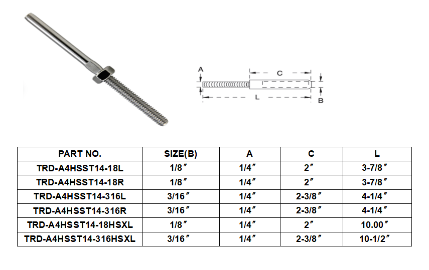 Stainless Steel 1/8 Cable Railing Hardware | Hand Swage Stud with Nut and Washer for 1/8 Wire Cable | Wire Cable Project Accessories