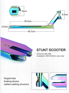 Plate-forme de scooter en aluminium 6061 Stunt kick Pro Fashion avec couleur arc-en-ciel sous vide