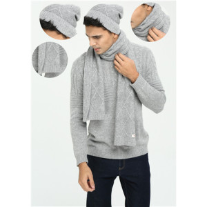 OEM factory Men's Solid Colour Cable Knitted Pure Cashmere Hat and Scarf Set for Fall Winter