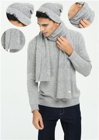 OEM factory Men's Solid Colour Cable Knitted Pure Cashmere Hat and Scarf Set for Fall Winter
