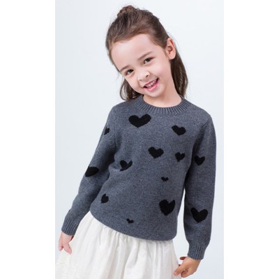 Custom new design kid grey cashmere sweater with heart pattern and round neck wholesale