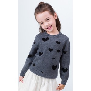 Custom design kid grey cashmere sweater with heart pattern and round neck wholesale