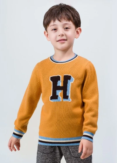 OEM factory boy cashmere word pattern round neck sweater with strip