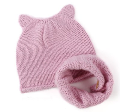 розовая кашемировая шапка и шарф с ребром и ушками