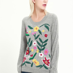 wholesale women high quality cashmere crew neck  with hand embroidery and low price with ODM design