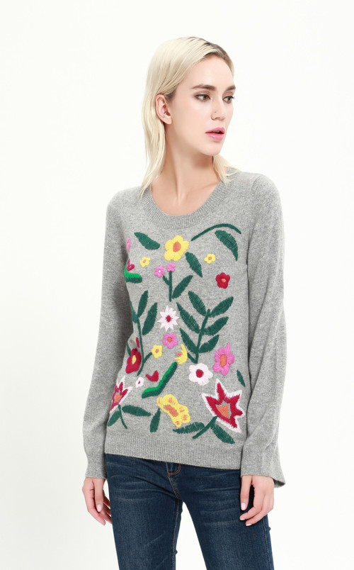 wholesale women high quality cashmere crew neck  with hand embroidery and low price with OEM design