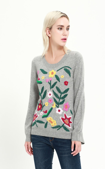 wholesale women high quality cashmere crew neck  with hand embroidery and low price with ODM design