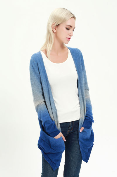 OEM factory long sleeve pure cashmere ladies cardigan with dip dye printing China supplier