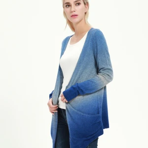 OEM factory long sleeve pure cashmere ladies cardigan with dip dye printing China supplier