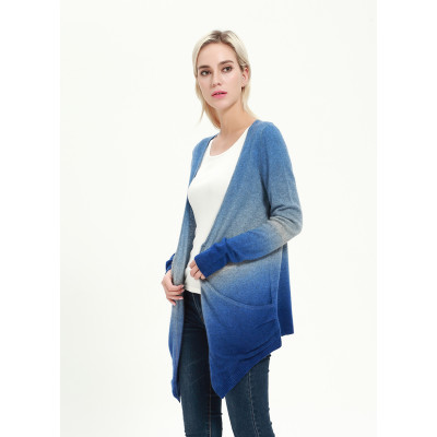 OEM factory long sleeve pure cashmere ladies cardigan with dip dye printing China factory