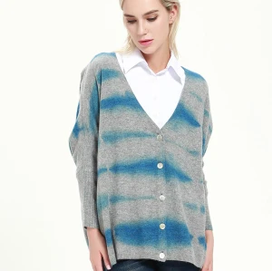 ODM factory fashion women cashmere blend cardigan with dip dye printing wholesale