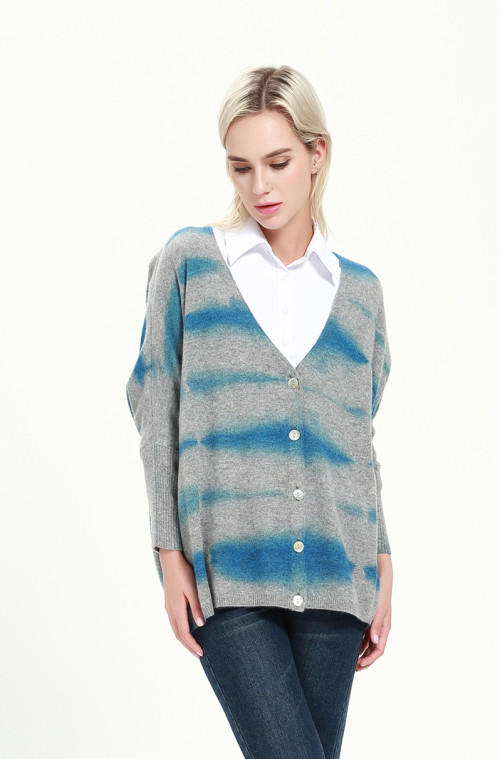 OEM factory fashion women cashmere blend cardigan with dip dye printing wholesale