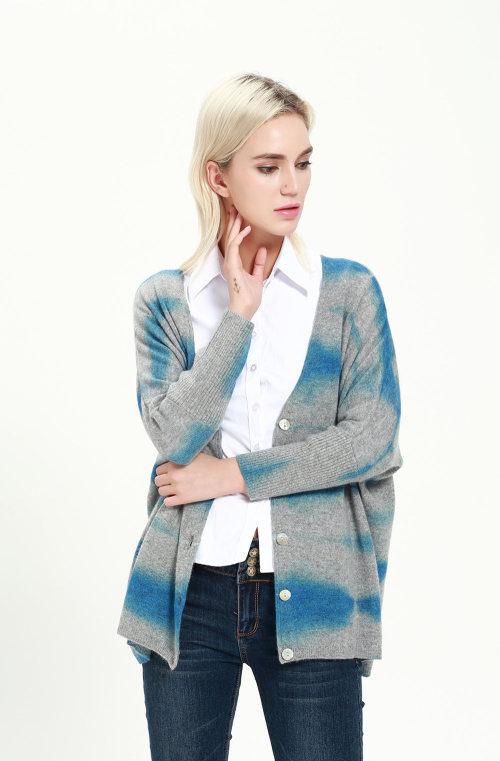ODM factory fashion women cashmere blend cardigan with dip dye printing wholesale