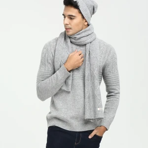 Wholesale Men's Solid Colour Cable Knitted Pure Cashmere Hat and Scarf Set for Fall Winter EMA19W04