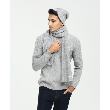 Wholesale Men's Solid Colour Cable Knitted Pure Cashmere Hat and Scarf Set for Fall Winter EMA19W04