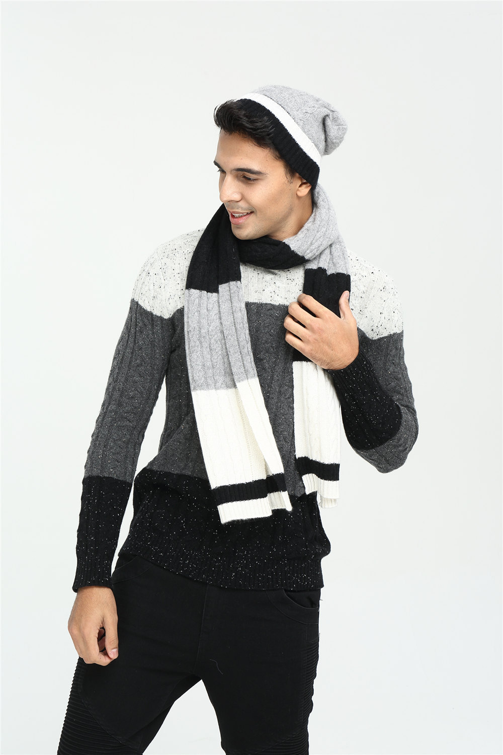 new design 100% pure cashmere strip knitting scarf for men