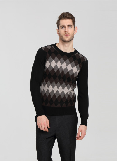Custom design long sleeve pure cashmere men sweater with diamond patterns China vendor