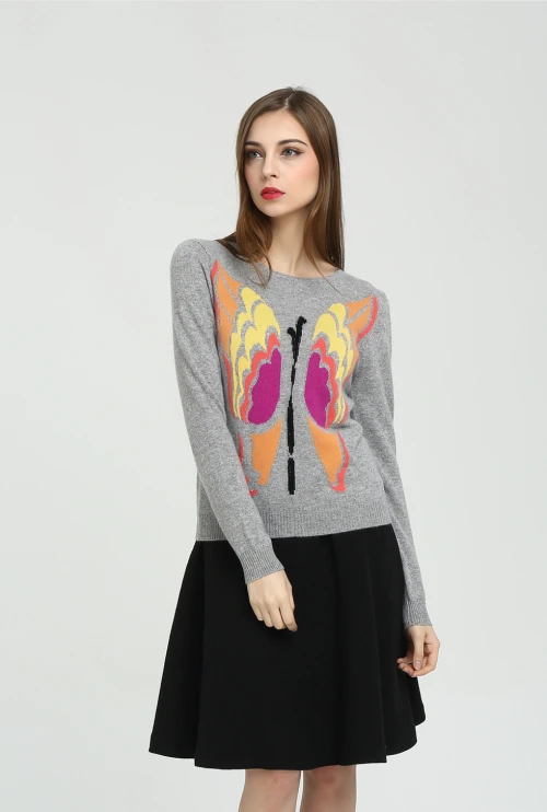 Wholesale long sleeve pure cashmere women sweater with hand embroidery China supplier