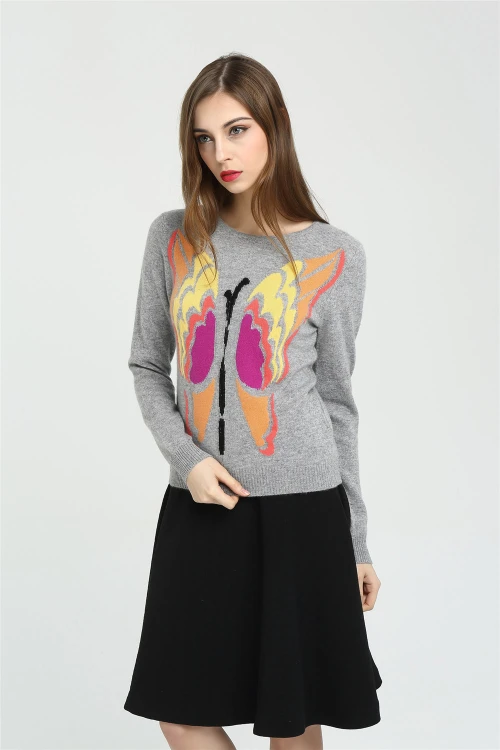 Wholesale long sleeve pure cashmere women sweater with hand embroidery China supplier