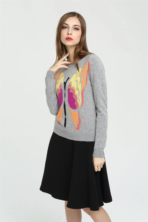 Wholesale long sleeve pure cashmere women sweater with hand embroidery China supplier