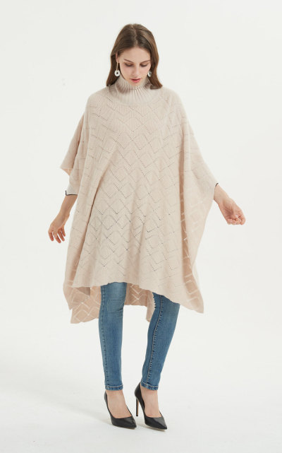Custom new design long style pure cashmere women poncho with knitted patterns wholesale