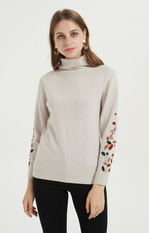 Wholesale high quality woman pullover custom design cashmere sweater with hand embroidery