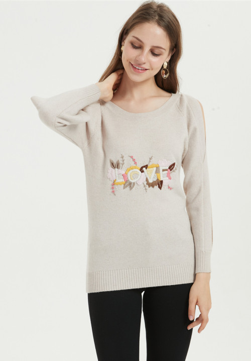 suéter de mujer de cachemira pura de nuevo diseño con bordado a mano para otoño