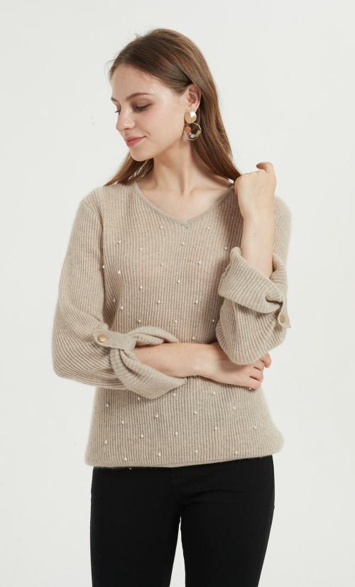 Suéter de mujer de cachemira pura con abalorios a mano con color natural