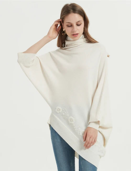 wholesale high quality new design pure cashmere ladies poncho with hand embroidery