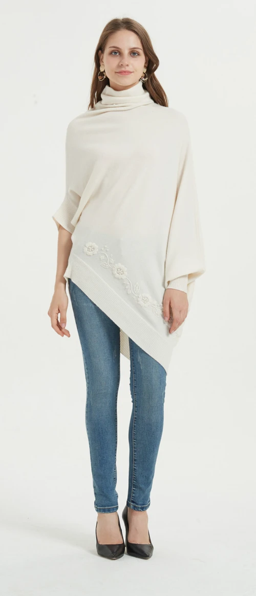 wholesale high quality new design pure cashmere ladies poncho with hand embroidery