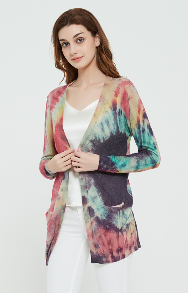 maglione da donna in puro cashmere con stampa tie dye per la primavera