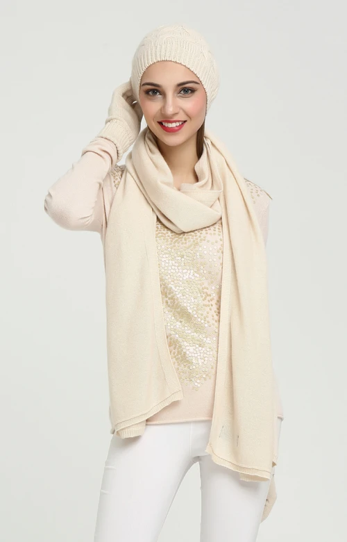 Custom design women's solid colour pure cashmere hat and scarf set China supplier