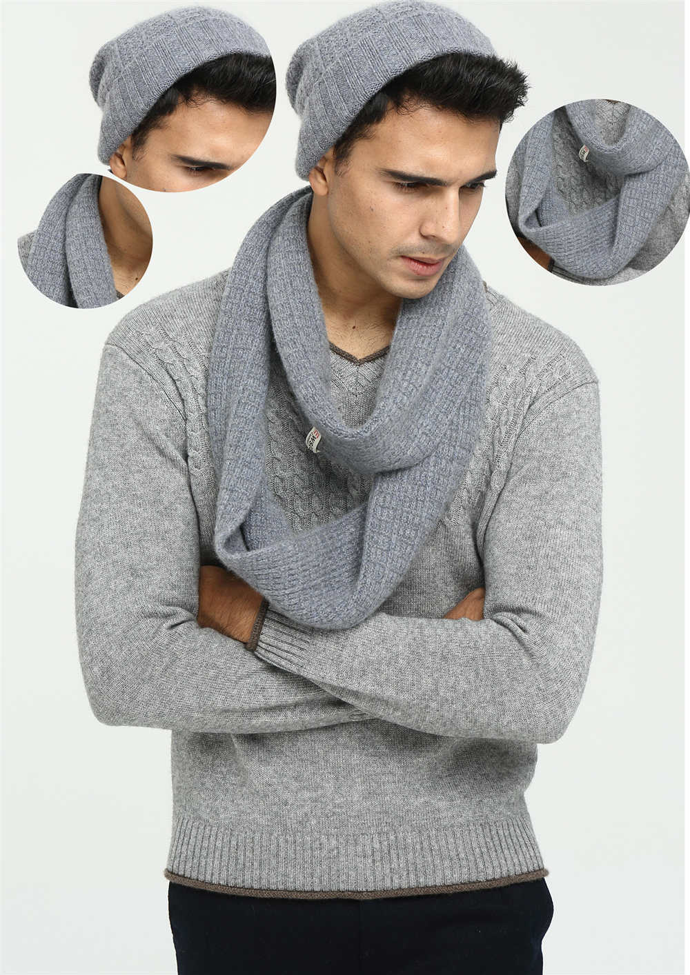 men's solid colour pure cashmere hat and scarf set