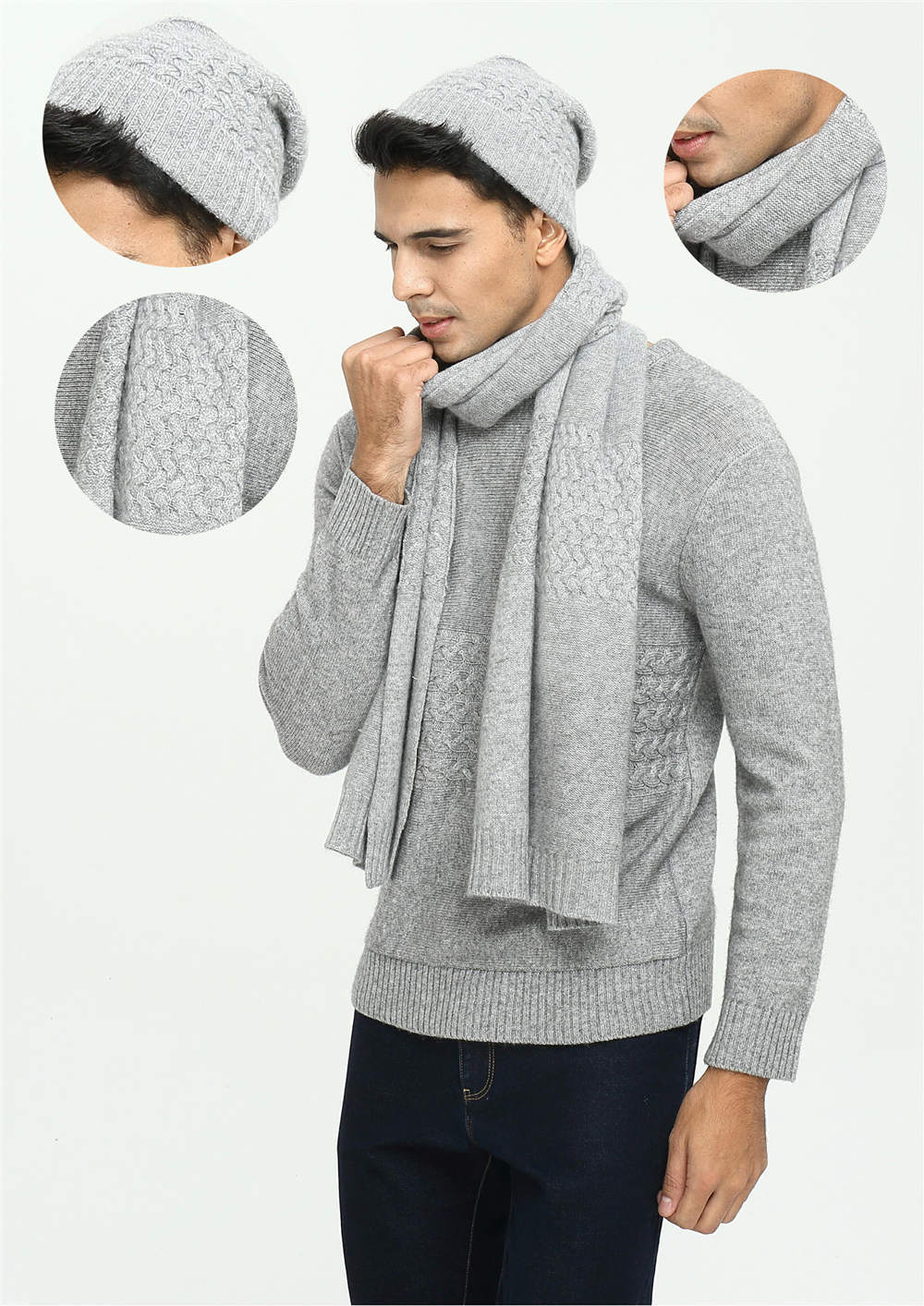 Men's solid colour pure cashmere cable hat and scarf suit for fall winter