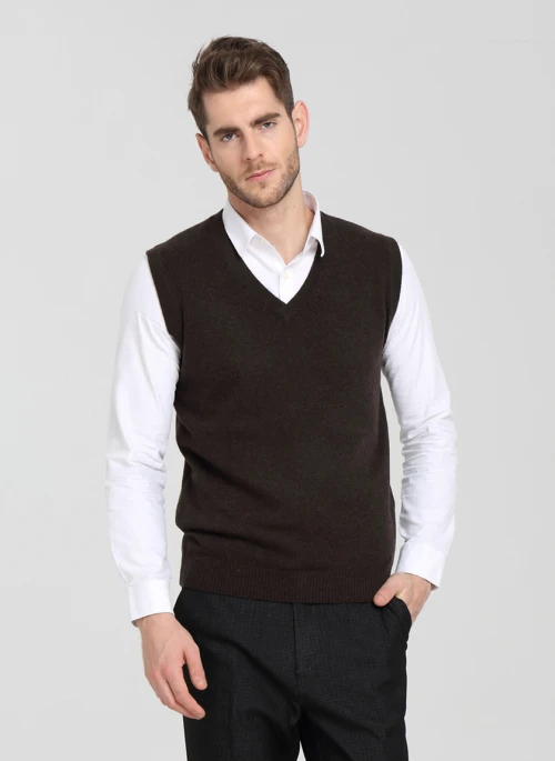 Wholesale men's long Sleeve V-neck cashmere vest for Fall Winter EM16W002s OEM China supplier